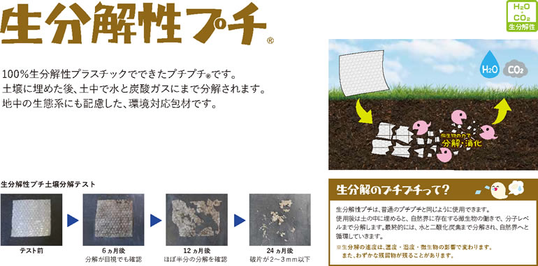 生分解性 生分解性プチ 100％生分解性プラスチックでできたプチプチRです。土壌に埋めた後、土中で水と炭酸ガスにまで分解されます。地中の生態系にも配慮した、環境対応包材です。生分解性プチ土壌分解テスト 生分解のプチプチって？生分解性プチは、普通のプチプチと同じように使用できます。使用後は土の中に埋めると、自然界に存在する微生物の働きで、分子レベルまで分解します。最終的には、水と二酸化炭素まで分解され、自然界へと循環していきます。※生分解の速度は、温度・湿度・微生物の影響で変わります。また、わずかな残留物が残ることがあります。